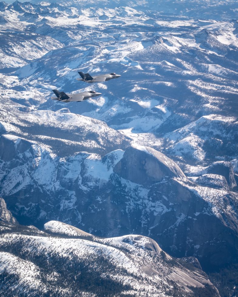 F-35 Lightning fighter jets flying over Half Dome, Yosemite National Park, California