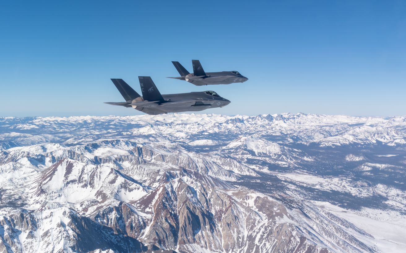 F-35 Lightning flying in the California mountains